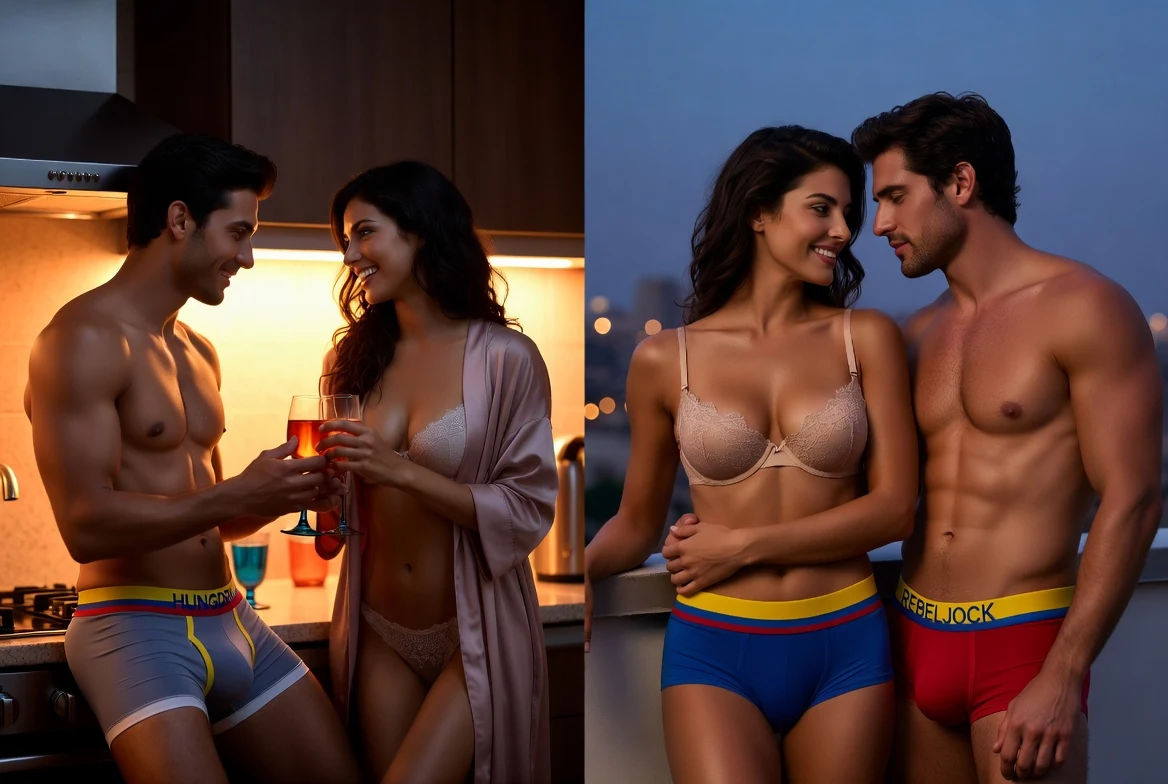 Clearly adult Colombian couples in a warm after-dark editorial setting