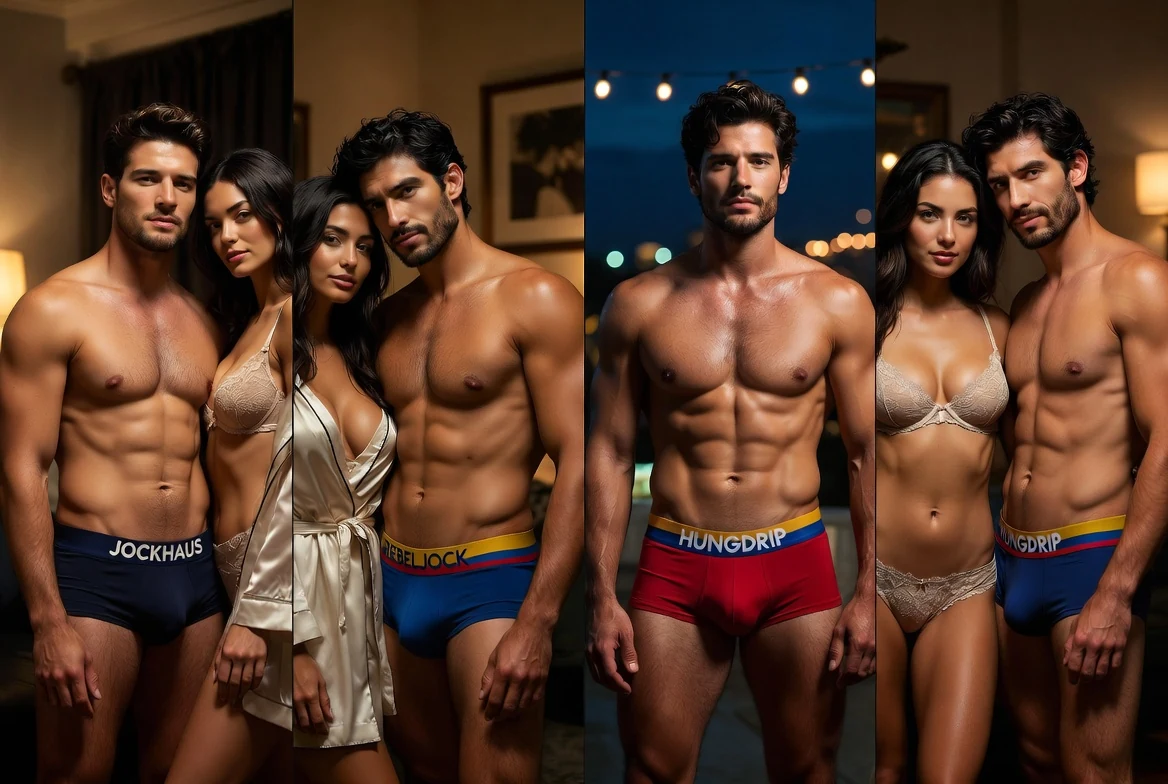 Clearly adult Colombian couples in a warm after-dark editorial setting