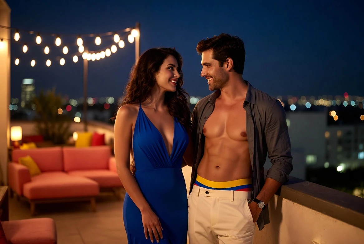 Clearly adult Colombian romantic couple on a Bogotá rooftop terrace at night