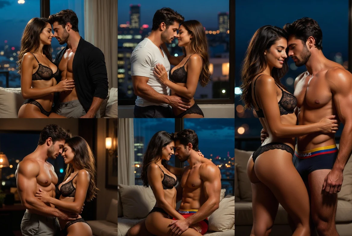Clearly adult Colombian romantic couple posing together in an apartment at night