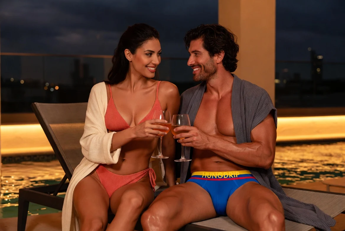 Clearly adult Colombian couple relaxing beside a rooftop pool